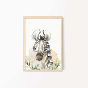 May include: A watercolor painting of a zebra with black and white stripes, surrounded by green leaves. The zebra has a brown nose and large, dark eyes. The background is a light brown color.