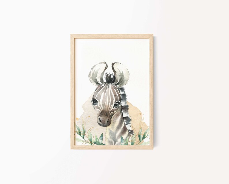 May include: A watercolor painting of a zebra with black and white stripes, surrounded by green leaves. The zebra has a brown nose and large, dark eyes. The background is a light brown color.