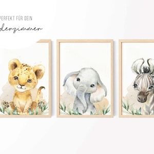 3er Bild Dschungeltiere Löwe Elefant Zebra • Bild Poster • Mädchen Kinderzimmer • grüne Blätter • Geschenkidee • KZ 024