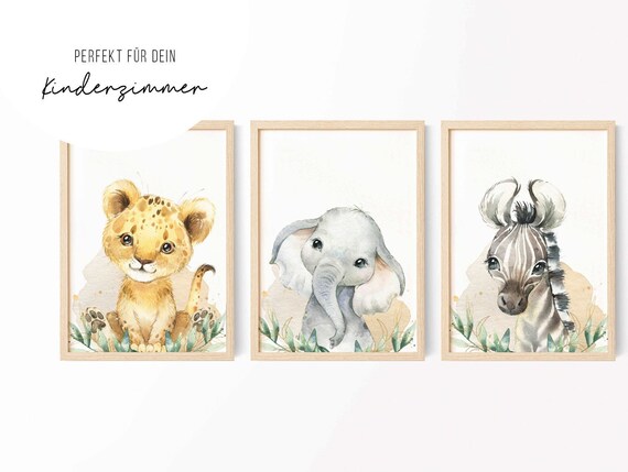 3er Bild Dschungeltiere Löwe Elefant Zebra • Bild Poster • Mädchen Kinderzimmer • grüne Blätter • Geschenkidee • KI 024