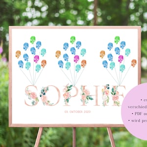 From 11,90 Euro Fingerprint Baptism Communion Confirmation Baby Shower in Pink with Name Flowers Gift, personalized as print or PDF