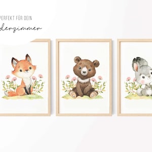 3er Bild Waldtiere Fuchs Bär Hase • Bild Poster • Junge Kinderzimmer • Geschenkidee • KZ 013