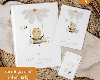 Personalized set of child health record booklet and vaccination card • Bee Flower • Baby gift • Gift idea for babies • Protective cover with name • UH 0006