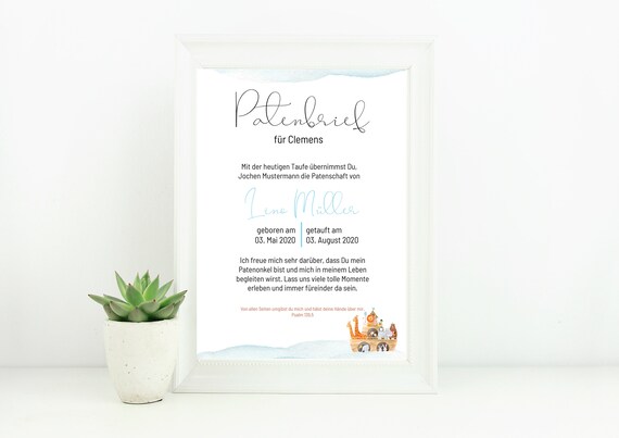 Ab 990 Euro Patenbrief Patenbilkd Fur Die Taufe In Blau Mit Etsy