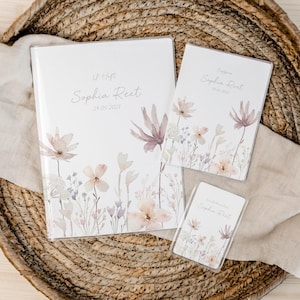 Set U-Heft und Impfpass personalisiert • Blumen Rosa Lila Gold • Geschenk zur Geburt Geschenkidee für Babys • Schutzhülle mit Namen •UH 0003