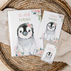 Set U-Heft und Impfpass personalisiert • Pinguin Rosa Blumen • Geschenk zur Geburt • Geschenkidee für Babys • Schutzhülle mit Namen •UH 0023
