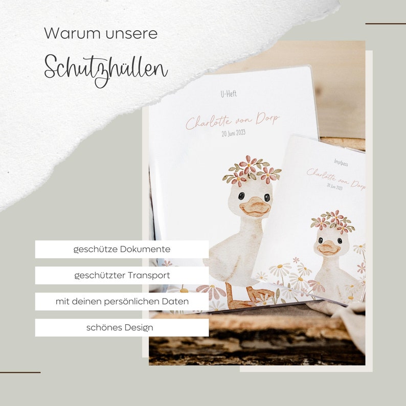 Set U-Heft und Impfpasshülle Ente Blumen Rosa Geschenk zur Geburt personalisiert Bild 7