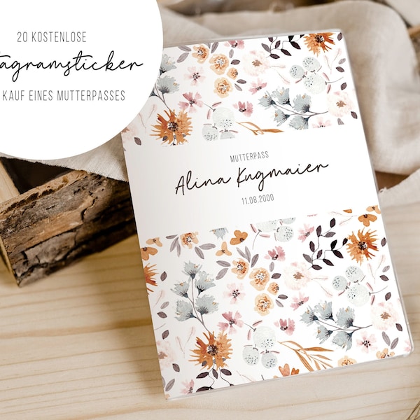 Mutterpasshülle Blumen • Blau Braun • personalisiert • Mutterpass • Geschenk • Schwangerschaft