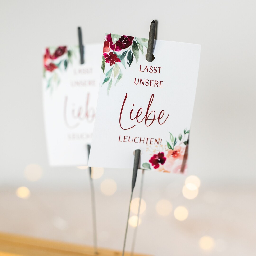 Karten für Wunderkerzen Knicklichter Hochzeit Hochzeitstanz rote Blumen