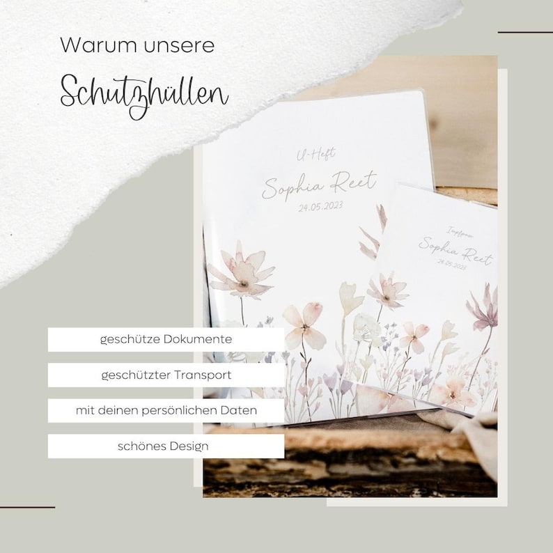 Set U-Heft und Impfpasshülle Blumen Rosa Lila Gold Geschenk zur Geburt personalisiert Bild 5