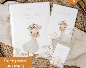 Set U-Heft und Impfpass personalisiert • Gans Rosa Blumen • Geschenk zur Geburt • Geschenkidee für Babys • Schutzhülle mit Namen • UH 0004