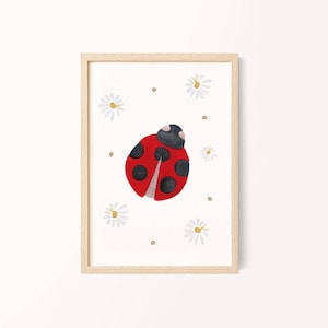 Bild Marienkäfer Blumen • Poster • Kinderzimmerbild • Geschenk Mädchen Junge Baby • Tierposter • DIN A4 und A3 • Rot • KZ 026