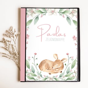 personalisierte Zeugnismappe • Reh Blumen • Geschenkidee Einschulung Schulkind • Zeugnis • Junge Mädchen • Mappe für Zeugnisse • SP 0040