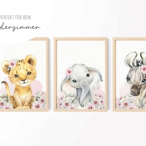 3er Bild Dschungeltiere Löwe Elefant Zebra • Bild Poster • Mädchen Kinderzimmer • Rosa Blumen • Geschenkidee • KZ 023