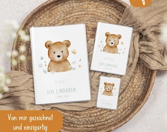 Personalized Baby Booklet and Vaccination Record Set • Bear Teddy Flower • Baby Gift Idea • Protective Cover with Name • UH 0004a