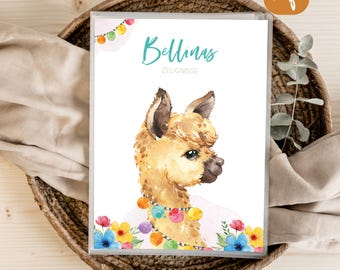 May include: A white document folder featuring a watercolour illustration of a brown llama. The text "Bellinas" appears in teal script above the word "ZEUGNISSE" in grey. A string of colourful lights and various flowers decorate the bottom edge.