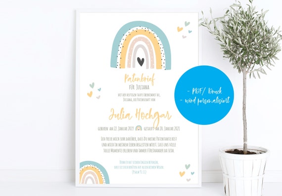 Patenbrief Patenbild Ab 950 Euro Regenbogen Pastell Taufe Etsy