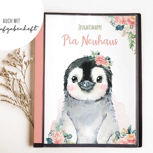 personalisierte Zeugnismappe • Pinguin Blumen Rosa • Geschenkidee Einschulung Schulkind • Junge Mädchen • Mappe für Zeugnisse • SP 0060
