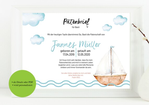 Patenbrief Patenbild Ab 950 Eurofur Die Taufe Boot Schiff Etsy