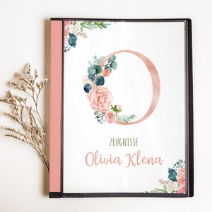 personalisierte Zeugnismappe • Buchstabe rosa Blumen • Geschenkidee Einschulung Schulkind • Junge Mädchen • Mappe für Zeugnisse • SP 0072