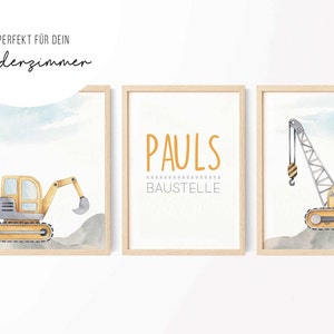 3er Bild Baustelle Bagger • Bild Poster • Junge Kinderzimmer • Geschenkidee • KZ 0053