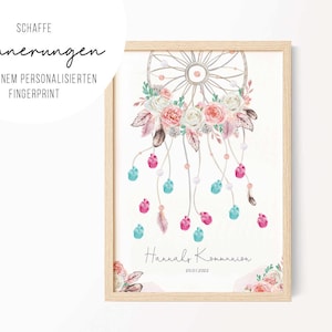 Fingerprint Poster Traumfänger Rosa • Print PDF A4 A3 • Gästeposter Geschenk • Taufe Kommunion  personalisiert • Daumen Abdrücke • FP 012