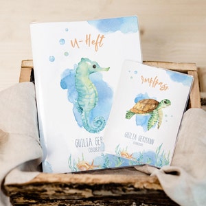 Set U-Heft und Impfpass personalisiert • Seepferdchen Schildkröte• Geschenk zur Geburt Geschenkidee für Babys Schutzhülle mit Namen• UH 0064