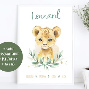Poster zur Geburt • Geburtsanzeige Geburtsdaten Geburtsgeschenk • Personalisiert Geschenk  • Baby Jungen Mädchen A4 A3  Tieger Löwe • GA 001