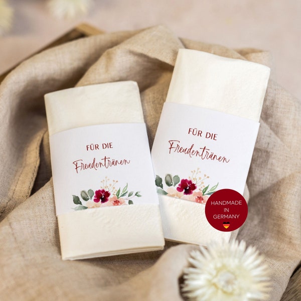 Banderolen "Freudentränen" für Taschentücher • Hochzeit Trauung • Kirche Standesamt • rote und rosa Blumen