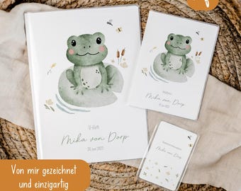 Personalized set of child health record booklet and vaccination card • Frog • Baby gift • Gift idea for babies • Protective cover with name • UH 0012