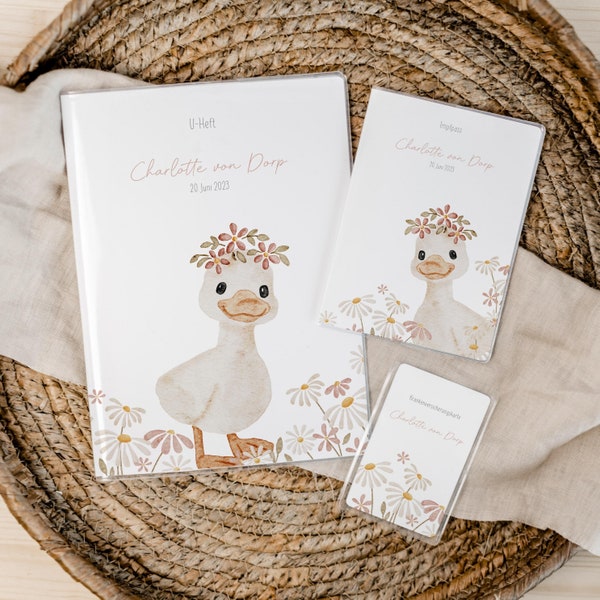 Set U-Heft und Impfpasshülle • Ente Blumen Rosa • Geschenk zur Geburt • personalisiert