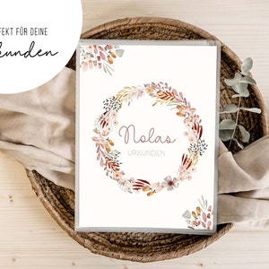 personalisierte Urkundenmappe • rosa Blumen Blumenkranz • Geschenkidee Einschulung Schulkind • Junge Mädchen • Mappe für Zeugnisse • SP 0128