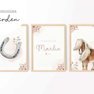 3er Bild Pferdemädchen • Bild Poster • Pferd Pony Fohlen • Mädchen Kinderzimmer • Rosa Blumen • Geschenkidee • KZ 0052