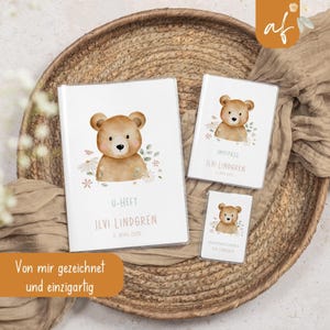 Set U-Heft und Impfpass personalisiert • Bär Teddy Blume Rosa • Geschenk zur Geburt Geschenkidee für Babys • Schutzhülle mit Namen• UH 0004b