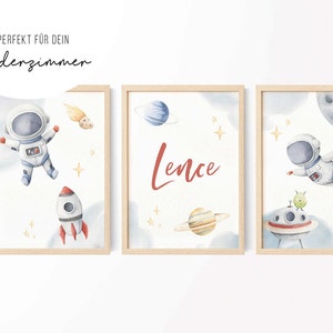3er Bild Weltall Astronaut • Bild Poster • Junge Kinderzimmer • Blau Rot • Geschenkidee • KZ 010