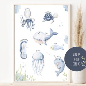 Children's room picture underwater world animals whale turtle fish seahorse picture A4 or A3 children's room maritime water animals