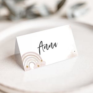 Namenskarte Platzkarte Taufe • rosa Regenbogen Sterne • beschreibbar • 2 Seiten • TA 00013