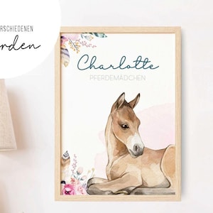 Horse girl • Picture poster • Horse pony foal • Girls' room • Pink flowers • Gift idea