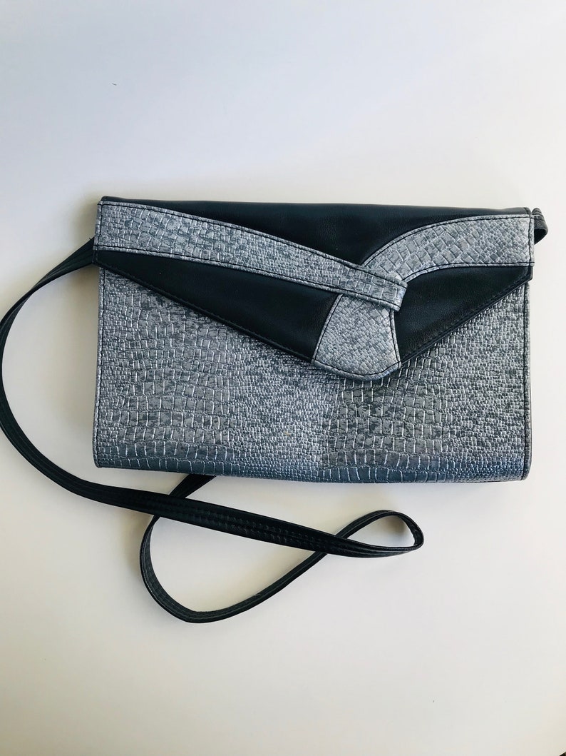 Retro Handbag with Shoulder Strap USSR 1980s Vintage Soviet Silver and Black Faux Leather Snakeskin Clutch