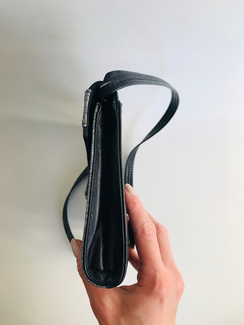 Retro Handbag with Shoulder Strap USSR 1980s Vintage Soviet Silver and Black Faux Leather Snakeskin Clutch