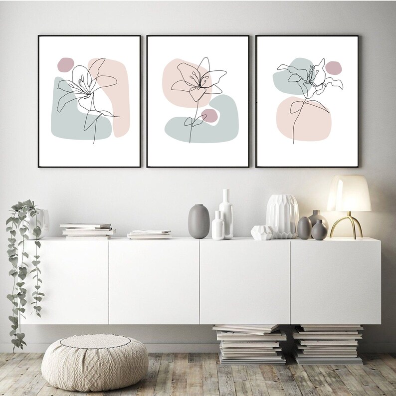 Abstract Flowers Line Art Set of 3 Prints Minimalist Wall Art - Etsy