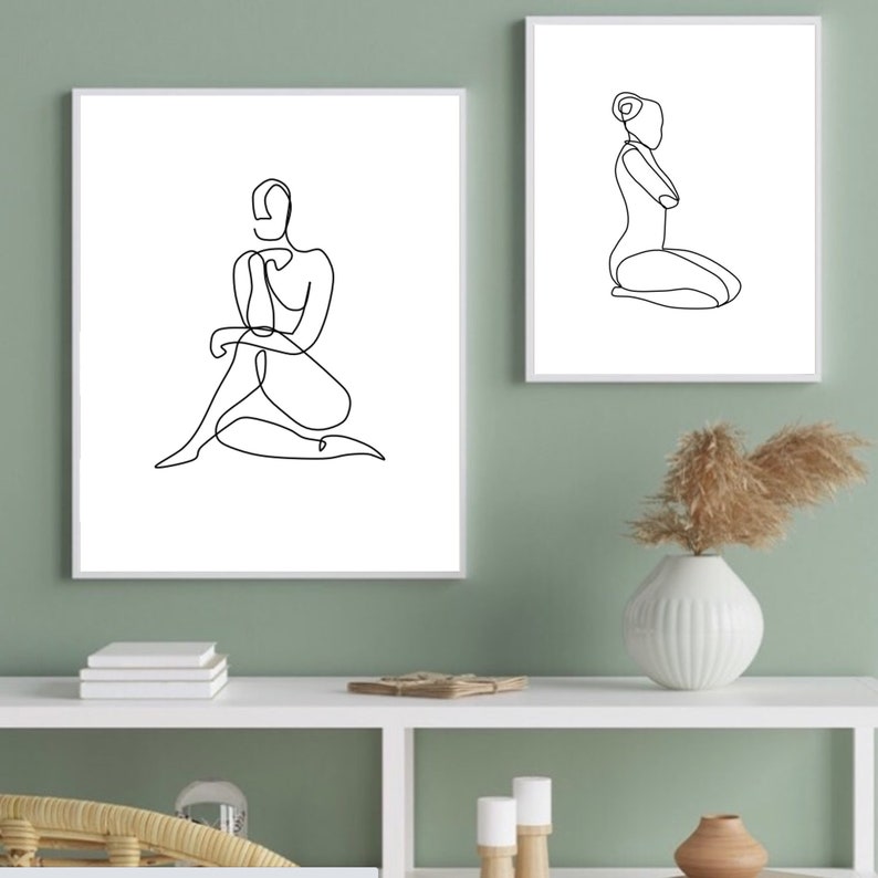 One Line Art Print Set of 2 Female Figure Outline Woman Body Sketch Abstract Line Drawing Printable Silhouette Minimalist Posters Modern Art