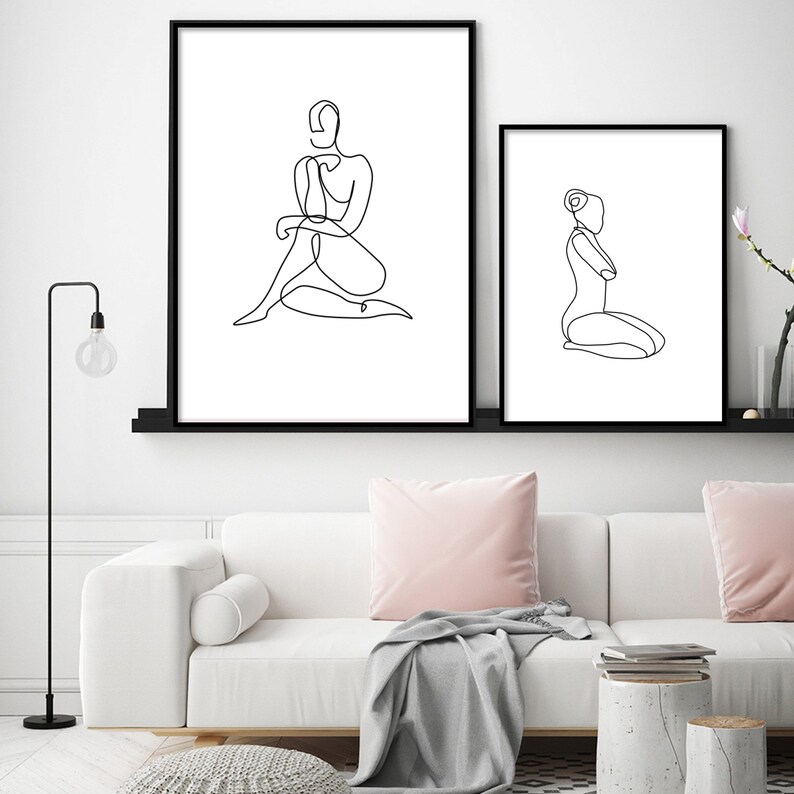 One Line Art Print Set of 2 Female Figure Outline Woman Body Sketch Abstract Line Drawing Printable Silhouette Minimalist Posters Modern Art