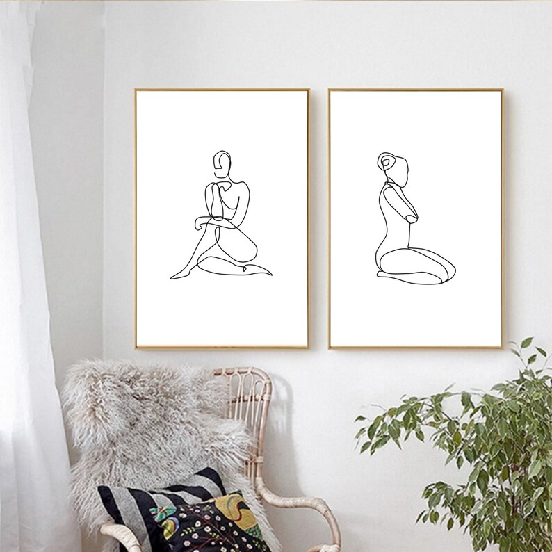 One Line Art Print Set of 2 Female Figure Outline Woman Body Sketch Abstract Line Drawing Printable Silhouette Minimalist Posters Modern Art
