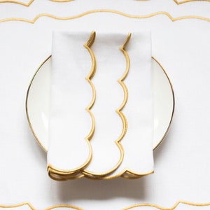 READY TO SHIP Snow White Linen Napkins 18x18 Inch Size Scalloped Edges in Gold Mother's Day Table Decor Elegant Dining Accessories image 2