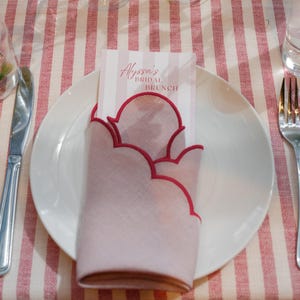 Blush Pink Linen Napkins with Red Scalloped Edge - Handmade Table Decor