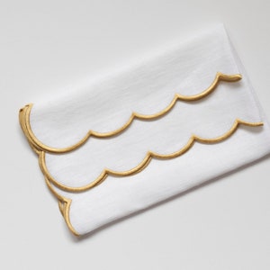 READY TO SHIP Snow White Linen Napkins 18x18 Inch Size Scalloped Edges in Gold Mother's Day Table Decor Elegant Dining Accessories image 1