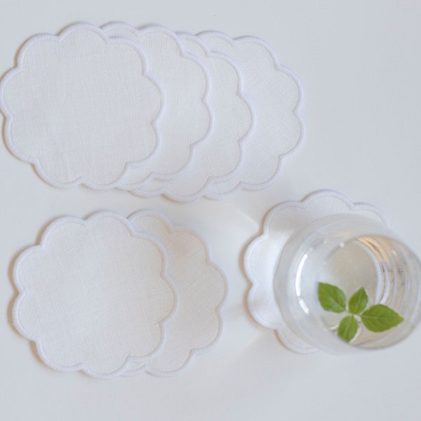 Round scalloped white linen coasters Cocktail napkins Set of 4, 6 or 8 Round coasters with trim