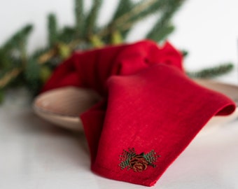 Christmas napkins Linen cloth napkins for dinning table decor Cloth napkins bulk Zero waste Red napkins with embroidered pine cone