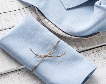 Serviettes en lin bleu clair, ensemble de serviettes en tissu ramolli 12 x 12